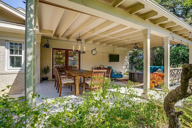 2133 Weatherbee St, Fort Worth, TX 76110 - view of patio with ceiling fan, outdoor dining space, and an outdoor hangout area