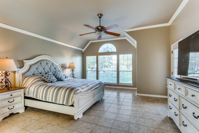 6306 Shadow Valley Dr, Burleson, TX 76028 - bedroom with crown molding, light tile patterned floors, a ceiling fan, lofted ceiling, and baseboards