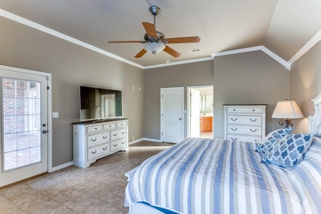 6306 Shadow Valley Dr, Burleson, TX 76028 - tiled bedroom featuring access to outside, baseboards, crown molding, ensuite bathroom, and ceiling fan