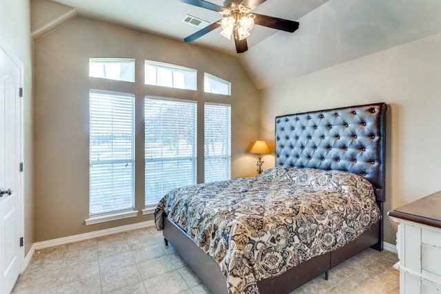 6306 Shadow Valley Dr, Burleson, TX 76028 - bedroom featuring multiple windows, vaulted ceiling, baseboards, light tile patterned floors, and a ceiling fan