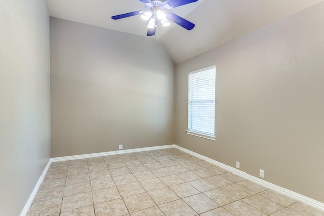 6306 Shadow Valley Dr, Burleson, TX 76028 - empty room featuring a ceiling fan, light tile patterned floors, vaulted ceiling, and baseboards