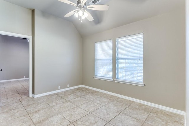 6306 Shadow Valley Dr, Burleson, TX 76028 - spare room with light tile patterned flooring, a ceiling fan, lofted ceiling, and baseboards