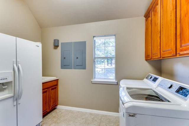 6306 Shadow Valley Dr, Burleson, TX 76028 - laundry area with washing machine and dryer, cabinet space, baseboards, and electric panel