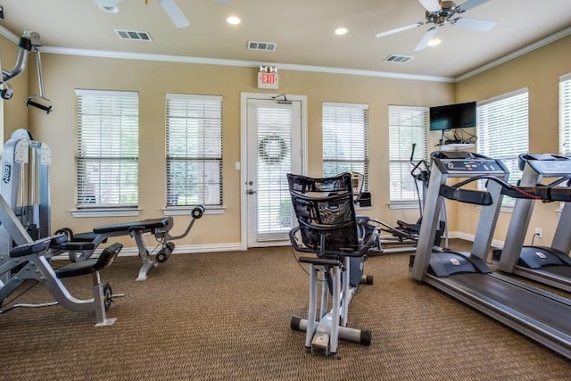 3075 Willow Grove Blvd Unit 1105, Mckinney, TX 75070 - workout area featuring a ceiling fan, healthy amount of natural light, ornamental molding, recessed lighting, and carpet