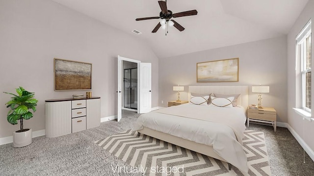 4907 Lakepark Dr, Sanger, TX 76266 - carpeted bedroom with vaulted ceiling, baseboards, a ceiling fan, and connected bathroom