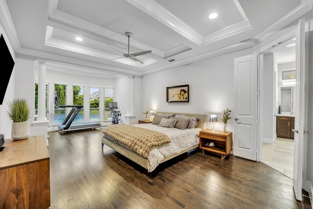 212 Saint Tropez Dr, Southlake, TX 76092 - bedroom featuring ornate columns, dark wood-style floors, coffered ceiling, recessed lighting, and a ceiling fan