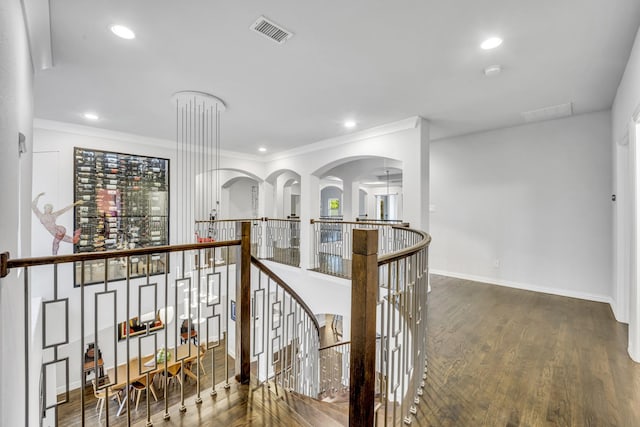 212 Saint Tropez Dr, Southlake, TX 76092 - hall featuring an upstairs landing, wood finished floors, recessed lighting, baseboards, and ornamental molding