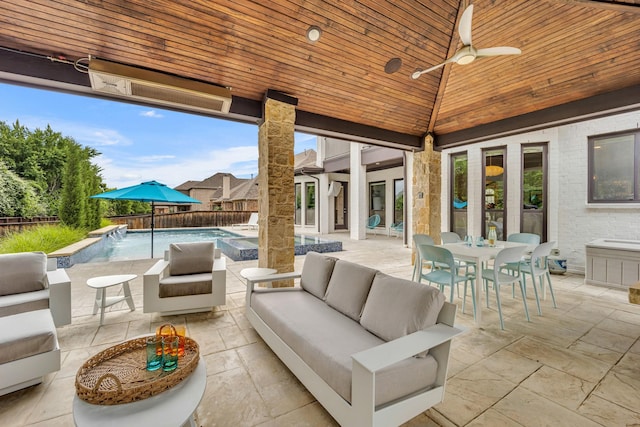 212 Saint Tropez Dr, Southlake, TX 76092 - view of patio with an outdoor living space, outdoor dining area, ceiling fan, a pool with connected hot tub, and a fenced backyard