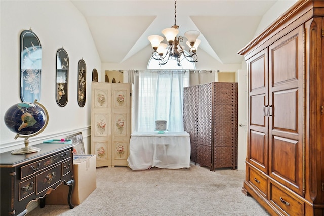 5000 Coral Creek Dr, Fort Worth, TX 76135 - bedroom with a chandelier, light colored carpet, and vaulted ceiling