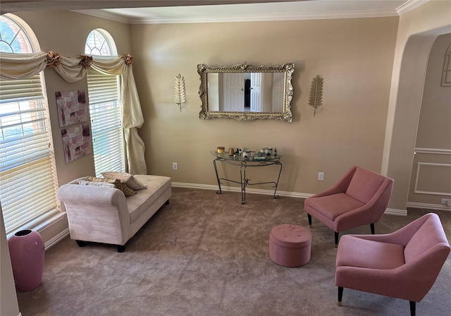 1435 Delta Dr, Cedar Hill, TX 75104 - sitting room featuring ornamental molding, arched walkways, carpet floors, and baseboards