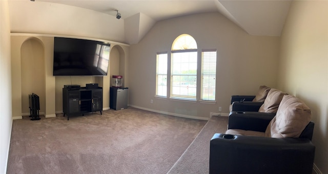 1435 Delta Dr, Cedar Hill, TX 75104 - living area featuring carpet, vaulted ceiling, and baseboards