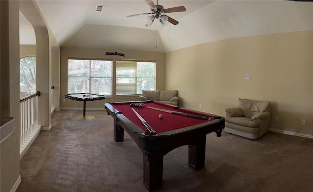 1435 Delta Dr, Cedar Hill, TX 75104 - game room featuring carpet flooring, healthy amount of natural light, billiards table, ceiling fan, and vaulted ceiling