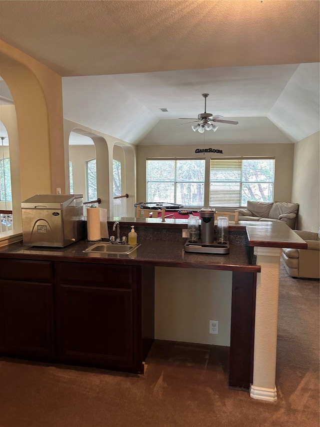 1435 Delta Dr, Cedar Hill, TX 75104 - kitchen with a sink, open floor plan, dark carpet, dark countertops, and vaulted ceiling