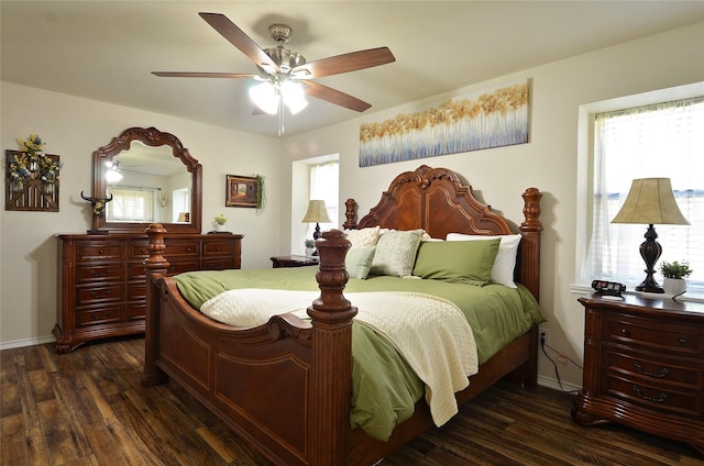701 Elmhill Blvd, Burleson, TX 76028 - bedroom with dark wood-type flooring, baseboards, and a ceiling fan