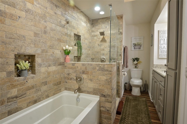 701 Elmhill Blvd, Burleson, TX 76028 - full bathroom with a tub, vanity, a shower, wood finished floors, and toilet
