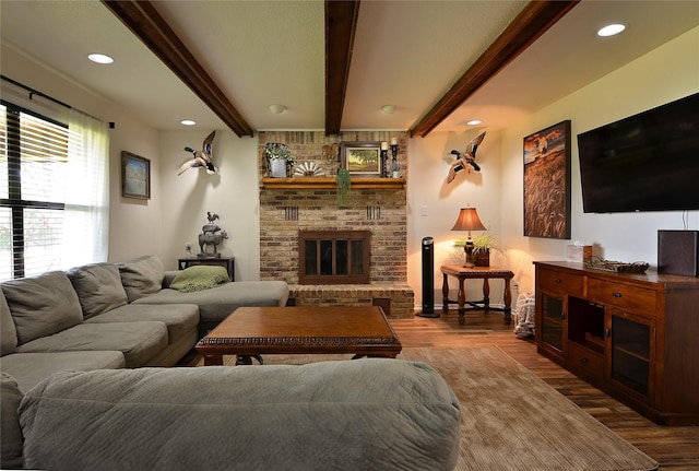 701 Elmhill Blvd, Burleson, TX 76028 - living room with wood finished floors, beamed ceiling, a fireplace, and recessed lighting