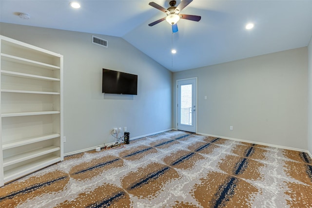 3326 Courtyard Pl, Farmers Branch, TX 75234 - unfurnished living room featuring a ceiling fan, lofted ceiling, baseboards, and recessed lighting