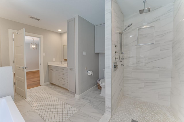 3326 Courtyard Pl, Farmers Branch, TX 75234 - bathroom with marble finish floors, a walk in shower, vanity, toilet, and baseboards
