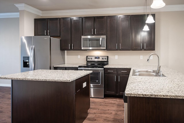101 Springtree St, Denton, TX 76209 - kitchen with stainless steel appliances, a sink, wood finished floors, dark brown cabinets, and ornamental molding