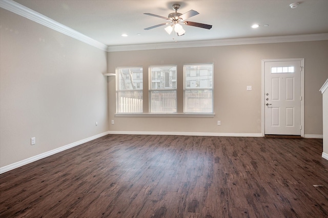 101 Springtree St, Denton, TX 76209 - unfurnished living room with ceiling fan, dark wood finished floors, baseboards, crown molding, and recessed lighting