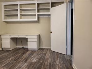 5728 Rockhill Rd, Fort Worth, TX 76112 - unfurnished office with baseboards, dark wood-style flooring, and built in study area