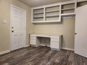 5728 Rockhill Rd, Fort Worth, TX 76112 - unfurnished office with built in study area, dark wood-style flooring, and baseboards