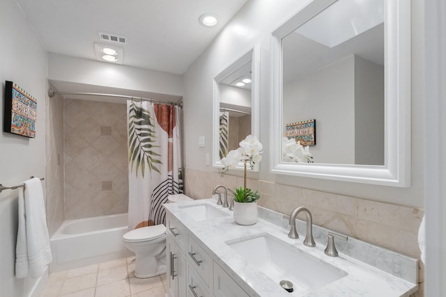 15732 Nedra Way, Dallas, TX 75248 - bathroom with shower / tub combo with curtain, toilet, double vanity, tile patterned floors, and recessed lighting