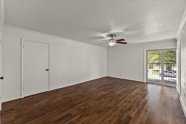 11230 Cotillion Dr, Dallas, TX 75228 - empty room featuring ceiling fan, dark wood finished floors, ornamental molding, and baseboards