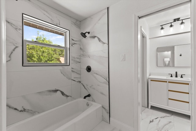 11230 Cotillion Dr, Dallas, TX 75228 - full bathroom featuring marble finish floors, vanity, shower / bath combination, and baseboards