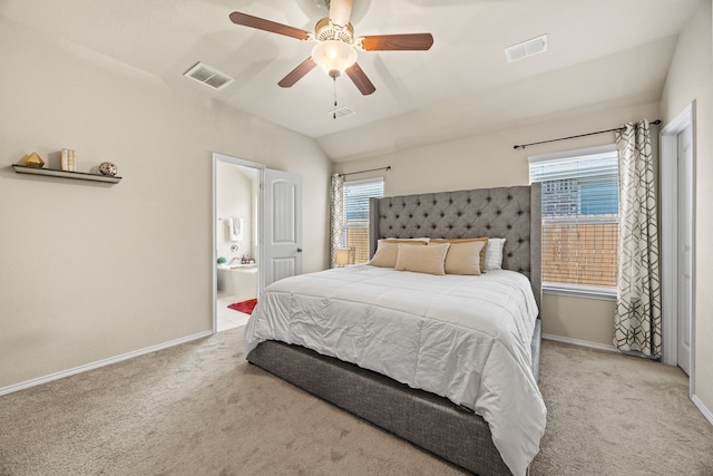 3010 Rosemount Ln, Forney, TX 75126 - carpeted bedroom with baseboards, lofted ceiling, ensuite bath, and a ceiling fan