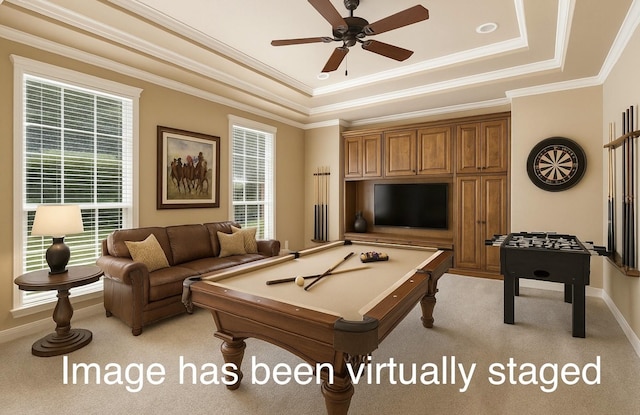 113 Winding Creek Ln, Waco, TX 76657 - recreation room with a raised ceiling, light colored carpet, ceiling fan, crown molding, and billiards