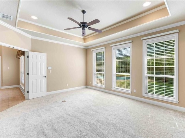 113 Winding Creek Ln, Waco, TX 76657 - carpeted empty room featuring a tray ceiling, ornamental molding, ceiling fan, baseboards, and recessed lighting