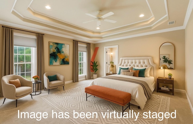 113 Winding Creek Ln, Waco, TX 76657 - carpeted bedroom featuring a tray ceiling, crown molding, baseboards, and recessed lighting