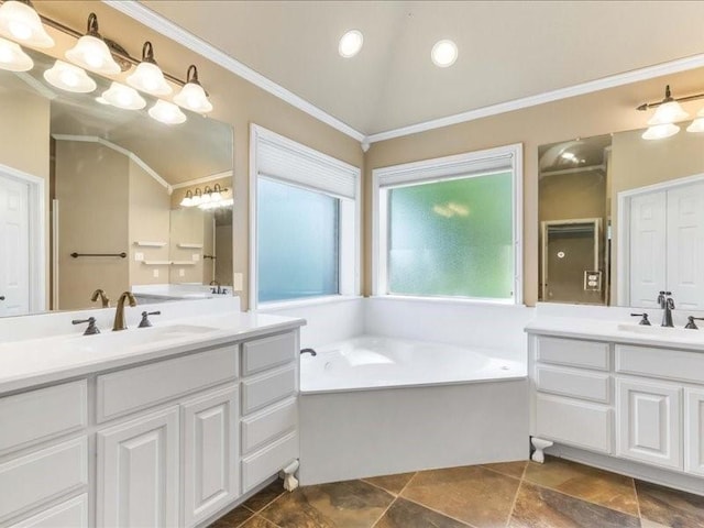 113 Winding Creek Ln, Waco, TX 76657 - bathroom featuring lofted ceiling, two vanities, a bath, ornamental molding, and recessed lighting