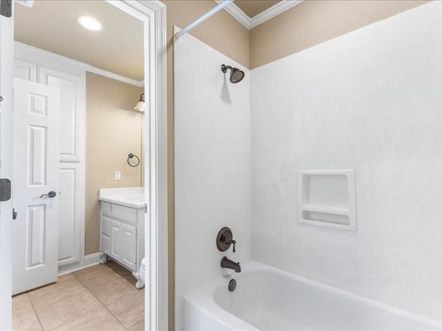 113 Winding Creek Ln, Waco, TX 76657 - full bath with crown molding, tub / shower combination, tile patterned flooring, vanity, and recessed lighting