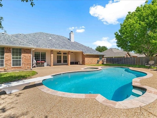 113 Winding Creek Ln, Waco, TX 76657 - view of pool featuring a fenced backyard, an in-ground hot tub, a patio, ceiling fan, and french doors