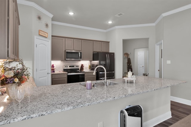 2113 Ajay Dr, Sherman, TX 75092 - kitchen featuring stainless steel appliances, light stone counters, a sink, decorative backsplash, and dark wood-style flooring