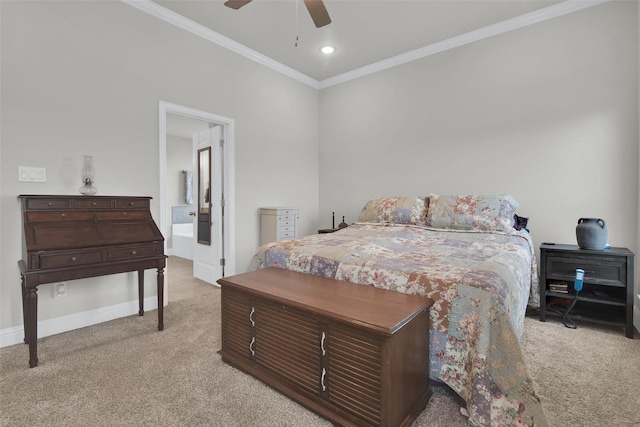 2113 Ajay Dr, Sherman, TX 75092 - bedroom with carpet, crown molding, baseboards, ceiling fan, and ensuite bathroom