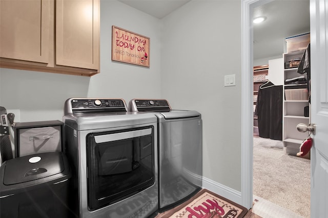 2113 Ajay Dr, Sherman, TX 75092 - washroom featuring cabinet space, washing machine and clothes dryer, carpet flooring, and baseboards