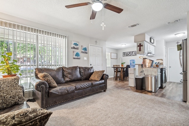 816 Red Oak Ct, Azle, TX 76020 - living room featuring a ceiling fan, a textured ceiling, and wood finished floors