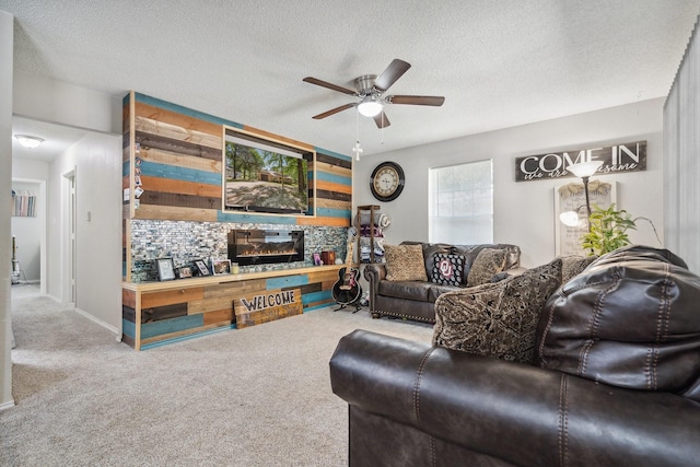 816 Red Oak Ct, Azle, TX 76020 - living area with a ceiling fan, carpet flooring, a textured ceiling, and a fireplace