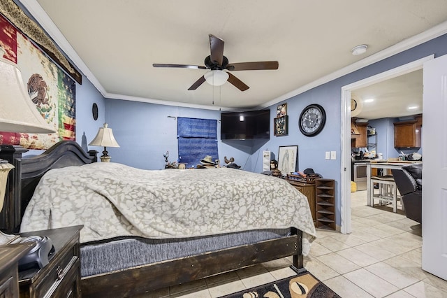 bedroom with crown molding, light tile patterned floors, and ceiling fan