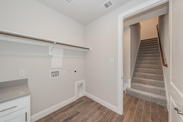 9553 Thorncrown Ln, Fort Worth, TX 76179 - clothes washing area featuring hookup for an electric dryer, dark wood-style flooring, baseboards, and washer hookup