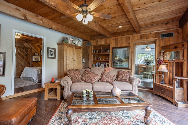 1867 Chaparral Dr, Gainesville, TX 76240 - living area featuring wooden ceiling, ceiling fan, beamed ceiling, wooden walls, and wood-type flooring
