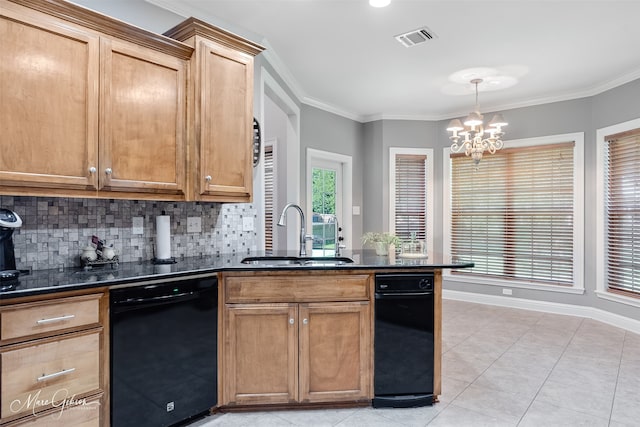 2228 Grapevine Ln, Haughton, LA 71037 - kitchen with dishwasher, a sink, a chandelier, backsplash, and a peninsula