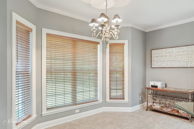2228 Grapevine Ln, Haughton, LA 71037 - dining area featuring a chandelier, ornamental molding, tile patterned flooring, baseboards, and plenty of natural light
