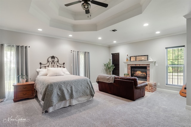 2228 Grapevine Ln, Haughton, LA 71037 - carpeted bedroom featuring recessed lighting, crown molding, a fireplace, baseboards, and ceiling fan