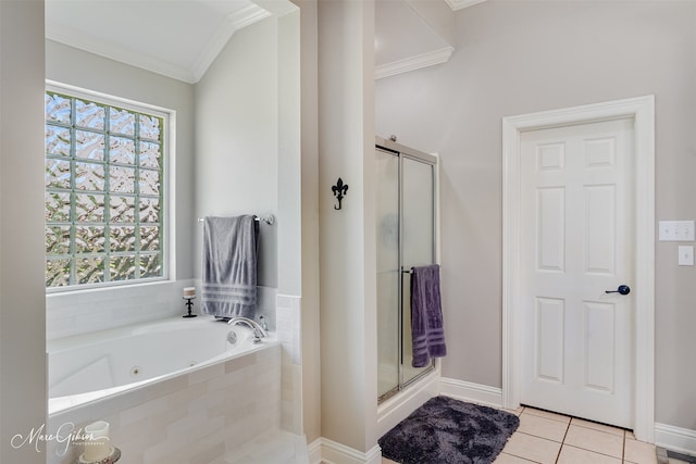 2228 Grapevine Ln, Haughton, LA 71037 - bathroom featuring crown molding, plenty of natural light, a stall shower, and tile patterned flooring