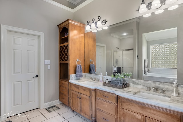 2228 Grapevine Ln, Haughton, LA 71037 - bathroom featuring ornamental molding, tile patterned floors, a stall shower, a bath, and double vanity