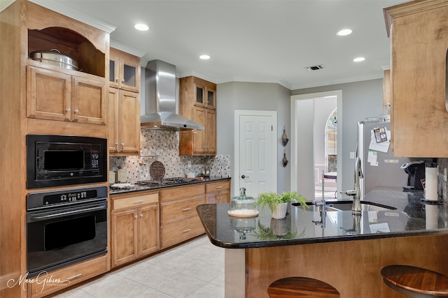 2228 Grapevine Ln, Haughton, LA 71037 - kitchen featuring black appliances, wall chimney exhaust hood, a sink, backsplash, and dark stone countertops